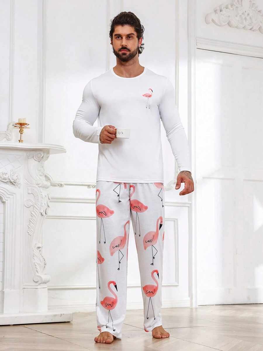 Men Flamingo Print PJ Set / Pajama Set - White - View 1