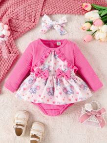 Đứa bé gái Tim & In hình con voi Viền Ruffle Nơ mặt trước Áo liền quần chặt Không có Dây buộc tóc - Hồng - Xem 1