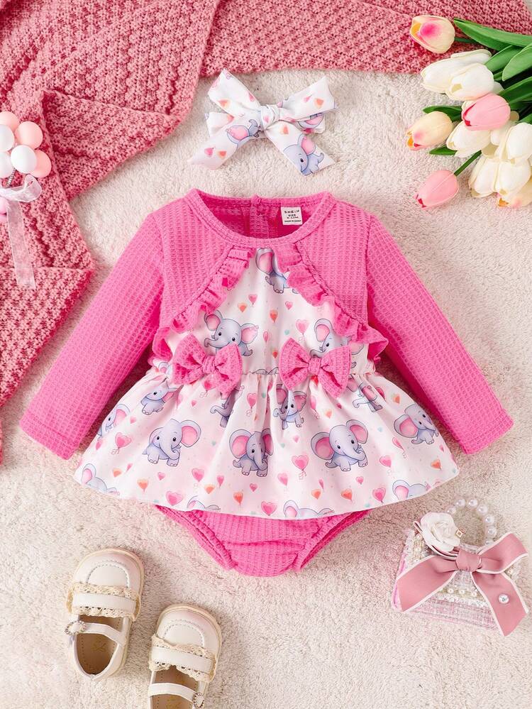 Baby Girl Heart & Elephant Print Ruffle Trim Bow Front Bodysuit Without Headband