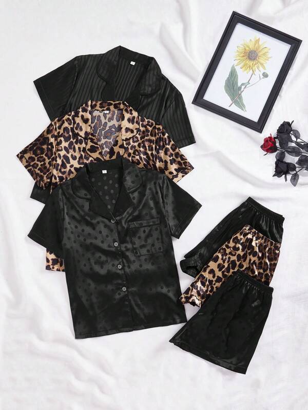 Conjunto de pijama de 3 piezas con cuello de solapa, bolsillo y parche de satín, para vacaciones
