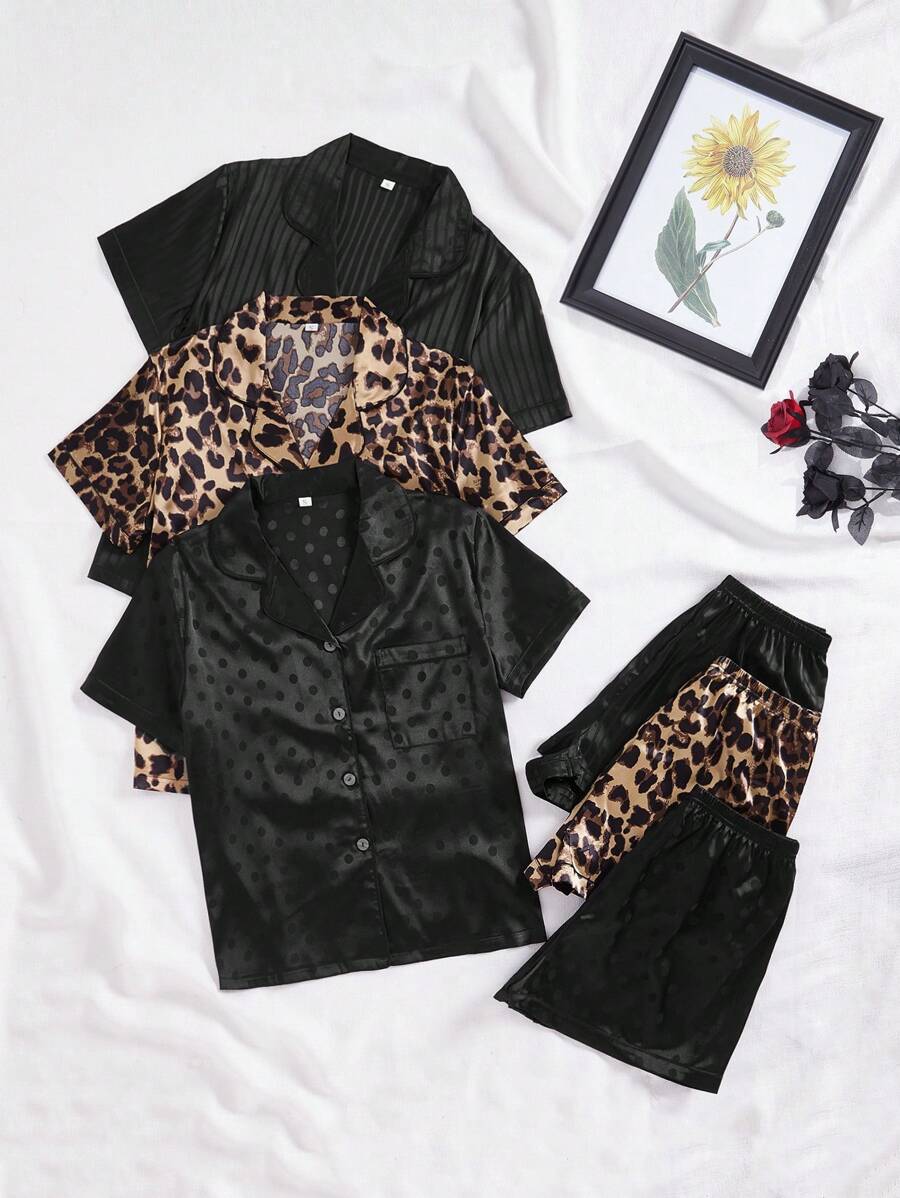 6件套翻领口袋贴布缎面睡衣套装/睡衣套装