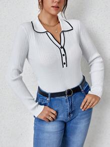 Flirla Áo len cổ lọ cài cúc phía trước, viền tương phản, chất liệu dệt kim, thích hợp cho mùa thu đông. - Đen và trắng - Xem 3