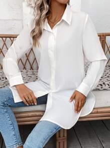 Calvaya Solid Button Front Shirt,Long Sleeve Tops Fall Cloth For Women - White - View 6