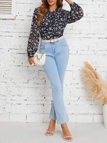 SHEIN Frenchy 碎花繫帶領插肩袖襯衫 - 黑色 - 查看 6