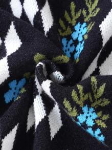SHEIN Tween Girl Argyle & Floral Pattern Lantern Sleeve Cardigan - Black - View 5