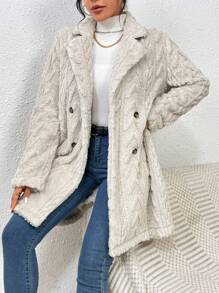 SHEIN LUNE Double Breasted Lapel Neck Teddy Coat - Beige - View 3