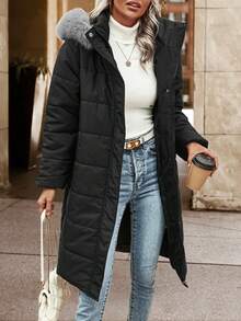 SHEIN Unity 毛绒装饰连帽拉链加厚棉服外套冬季 - 黑色 - 查看 4