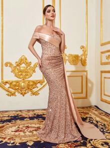 單肩側收褶垂墜亮片正式洋裝 - 香檳色 - 查看 6