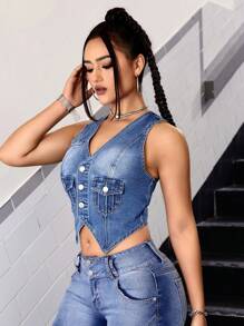 SHEIN ICON Top en mezclilla tank crop con bolsillo con solapa con botón delantero - Azul lavado medio - Ver 4