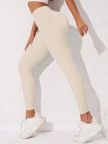 Easithlete 纯色宽腰运动紧身裤氨纶瑜伽女裤 - 杏色 - 查看 2