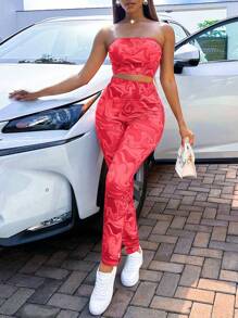 SHEIN Slayr Marble Print Tube Top & Pants - Red - View 1