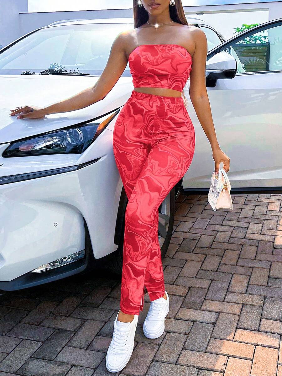 SHEIN Slayr Marble Print Tube Top & Pants - Red - View 1