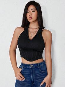 SHEIN Unity 素色繞頸短上衣 - 黑色 - 查看 5