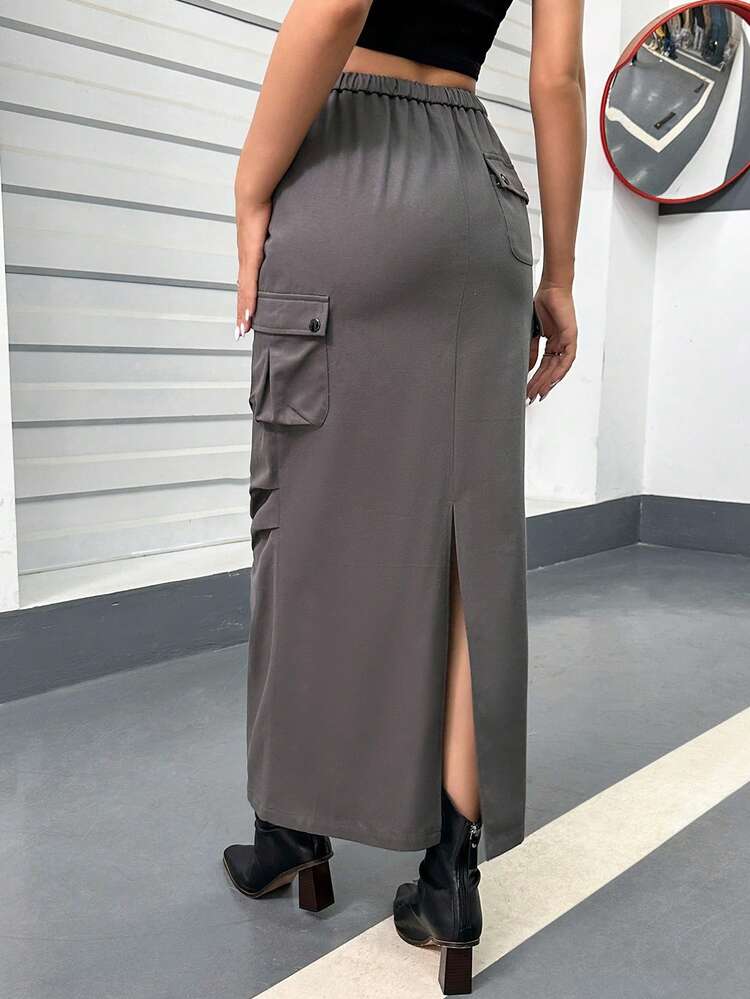 Drawstring Waist Flap Pocket Side Cargo Skirt