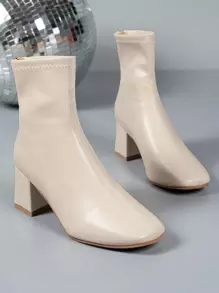 秋冬女士时尚方头粗跟后拉链靴，西部风格，米色和白色可选，白色款过膝，优雅