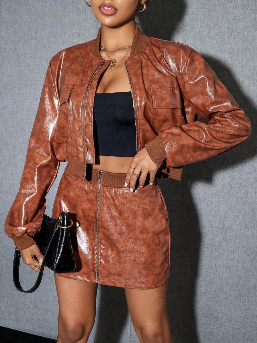 Aveloria Zip Up PU Leather Jacket & Skirt - Coffee Brown - View 1