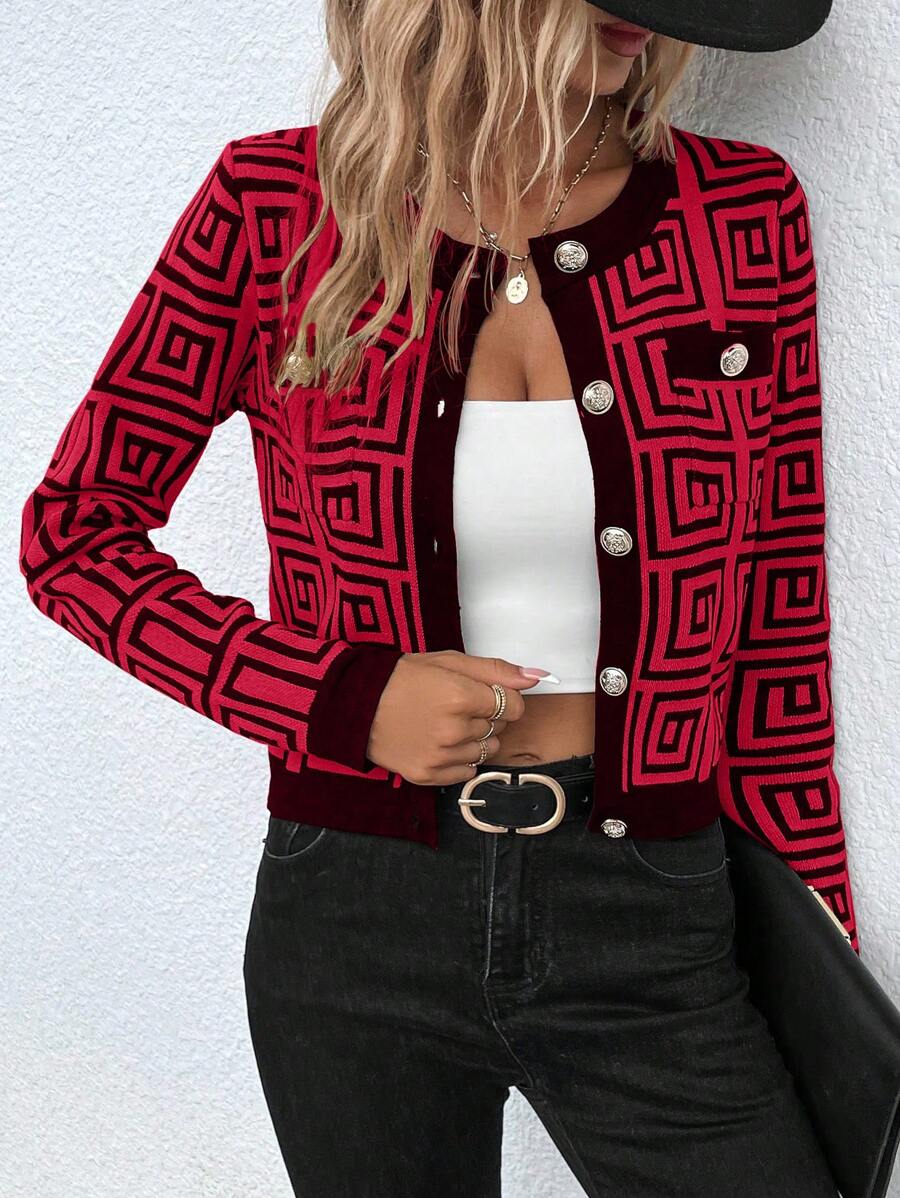 SHEIN Essnce Geo Pattern Button Front Cardigan - Burgundy - View 1