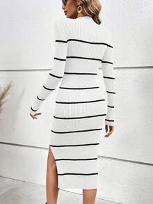 SHEIN Privé Striped Pattern Split Thigh Sweater Dress - White - View 2