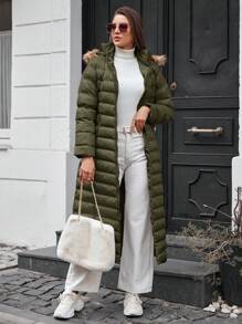 EURMUSE Side Pockets Zipped Hood Puffer Coat - Khaki - View 1