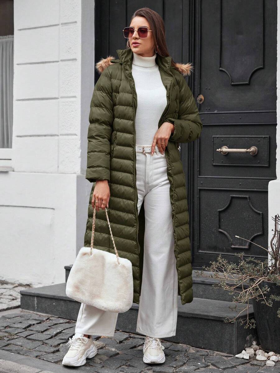 EURMUSE Side Pockets Zipped Hood Puffer Coat - Khaki - View 1