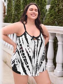 SHEIN Swim Curve 加肥款染色系結前短款泳衣上衣 - 黑與白 - 查看 4