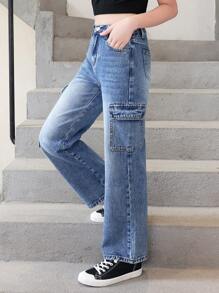 Tween Girl Flap Pocket Side Cargo Jeans - Dark Wash - View 4