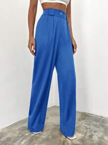 RueChic High Waisted Trousers With Belt And Diagonal Pockets - Blue - View 3