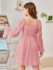 SHEIN Teen Girl Sweetheart Neck Ruched Bust Lantern Sleeve Dress