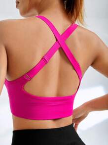 Easithlete Comfortable Sports Pink Bra Without Removable Pads, Solid Criss Cross Back Strappy Bras With Sewn-In Pads,High Impact Yoga Exercise Athletic Bras Non-Removable Pads For For Women High Support Racerback,Workout, Yoga, Running - Hot Pink - View 2