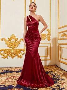 One Shoulder Cut Out Mermaid Hem Satin Formal Dress - Burgundy - View 6
