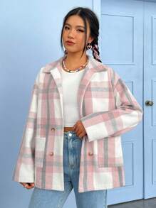 SHEIN EZwear Kẻ sọc Đôi ngực Túi Kép Thả vai Áo khoác - Hồng - Xem 3