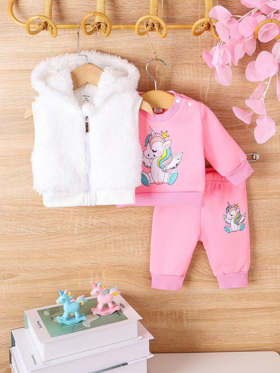 SHEIN 女嬰獨角獸印花套頭衫和運動褲&絨毛夾克背心 - 彩色 - 查看 1