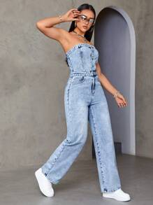 SHEIN ICON Strapless Denim Washed Jumpsuit - Light Wash - View 3