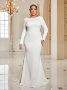 SHEIN Belle Hơn Viền rìa Không lưng Nàng tiên cá Hem Váy dự tiệc - trắng - Xem 6