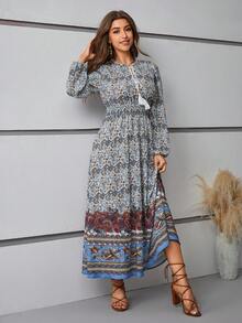 SHEIN VCAY Women's Paisley Printed Tie Neck Line Buttoned Collar Cinched Waist Dress - Multicolor - View 4