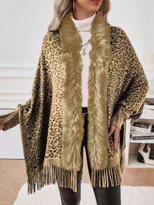 SHEIN Clasi Leopard Pattern Fuzzy Trim Fringe Hem Cardigan - Multicolor - View 4