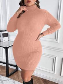 SHEIN Clasi Plus Turtleneck Ribbed Knit Sweater Dress - Dusty Pink - View 1