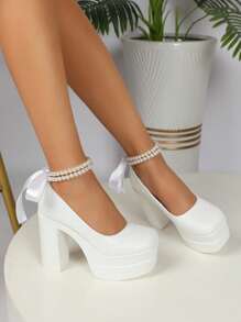 Fall/Winter 2023 New Arrival Women's High Heel Shoes, Super High & Waterproof Platform, Thick Heel With Pearl Detail, Fashionable Cross Band Valentines,Elegant,Party,Wedding Outfits - White - View 3
