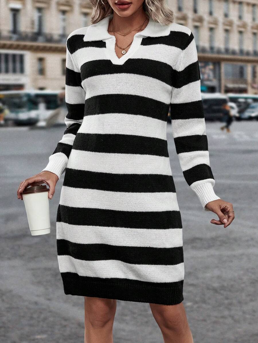 SHEIN LUNE 條紋圖案缺口領毛衣洋裝不附腰帶 - 黑與白 - 查看 1