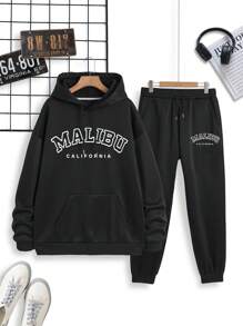 男士字母印花束腰連帽運動衫和運動長褲套裝 - 黑色 - 查看 1