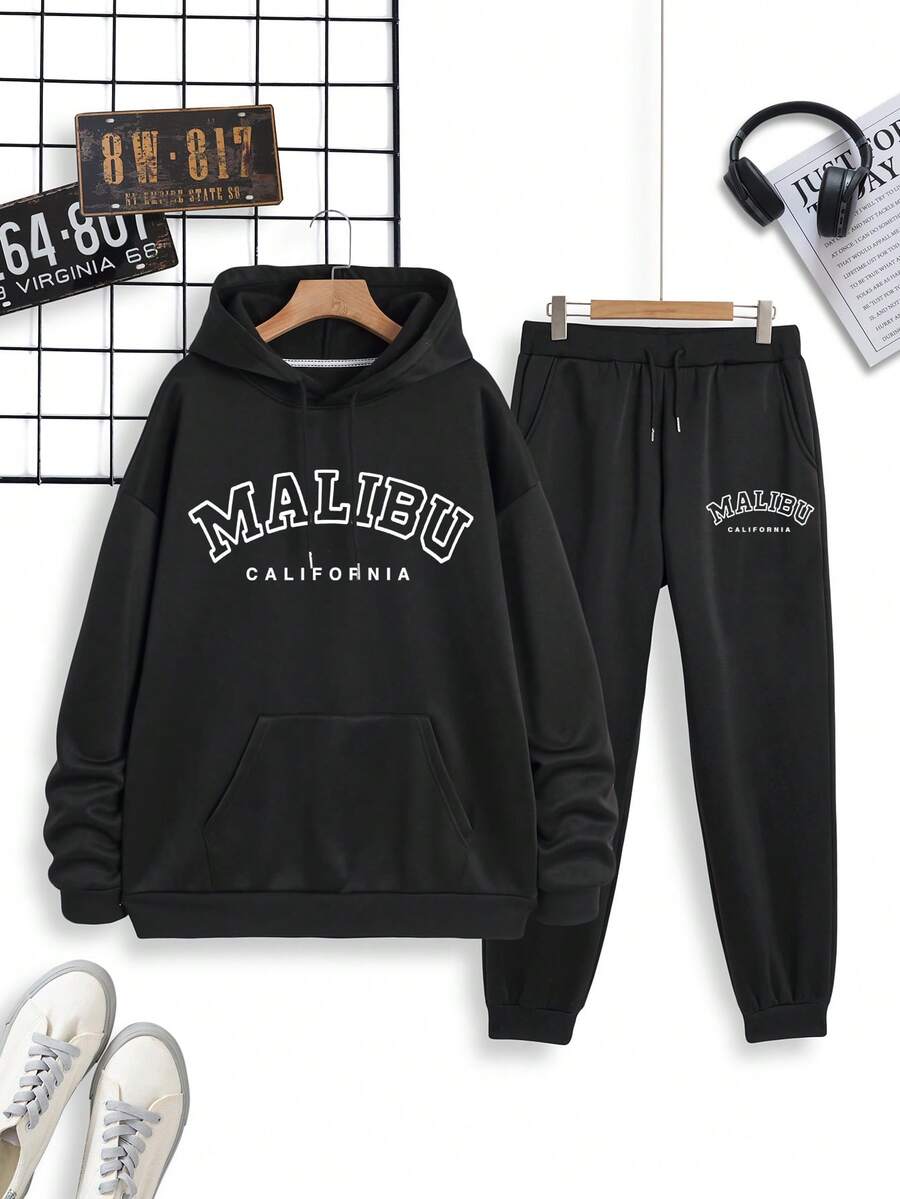 男士字母印花束腰連帽運動衫和運動長褲套裝 - 黑色 - 查看 1