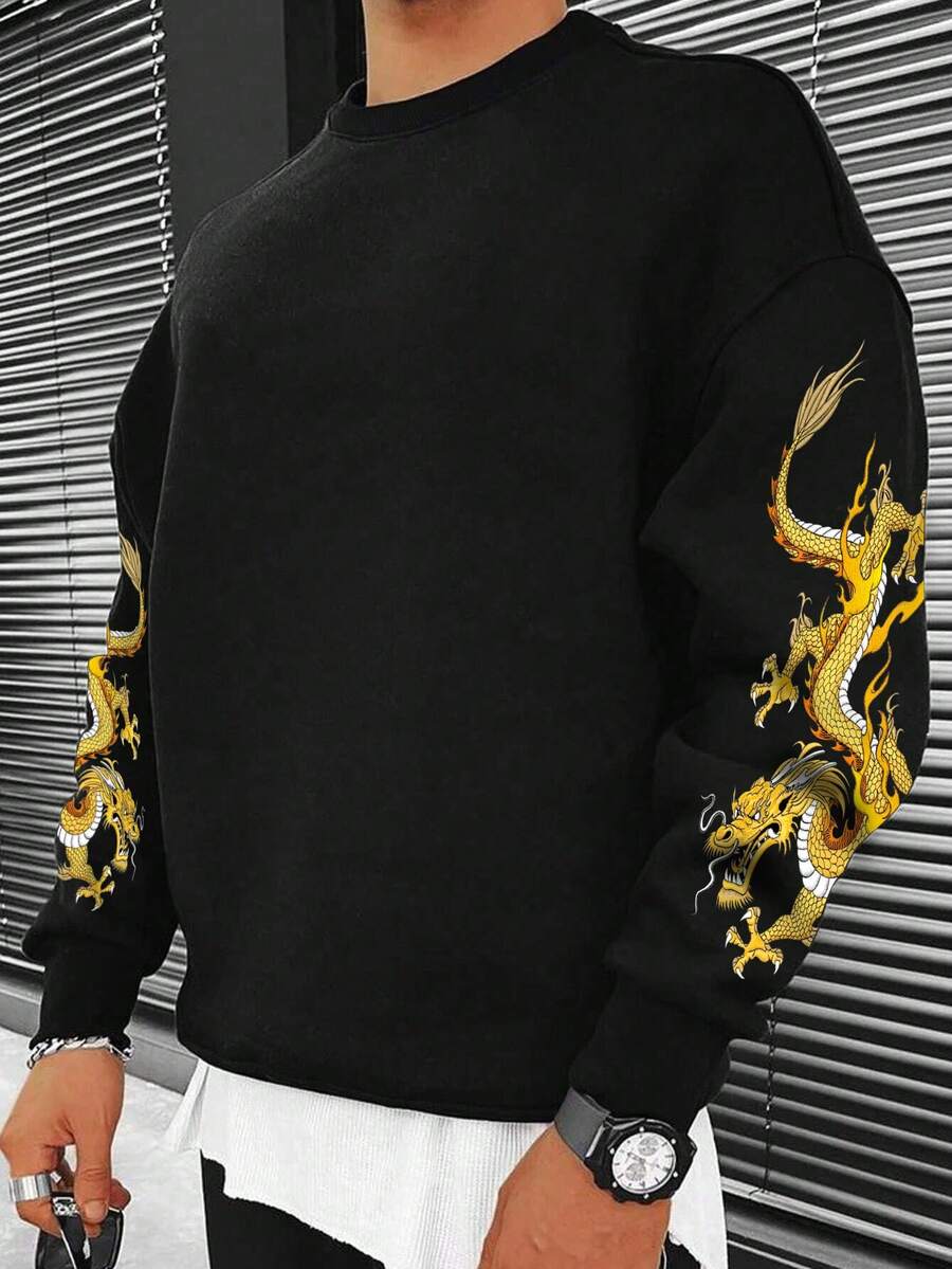 Manfinity EMRG Nam Bản in rồng Trung Quốc Lót nhiệt Áo nỉ - màu đen - Xem 1