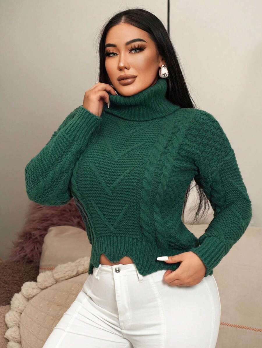 SHEIN SXY Áo cao cổ Xoắn Dan Viền không đối xứng Thả vai Áo len - Màu xanh lá cây đậm - Xem 1