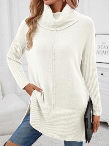 SHEIN Clasi 女款高領純色落肩開叉下擺毛衣 - 白色 - 查看 1