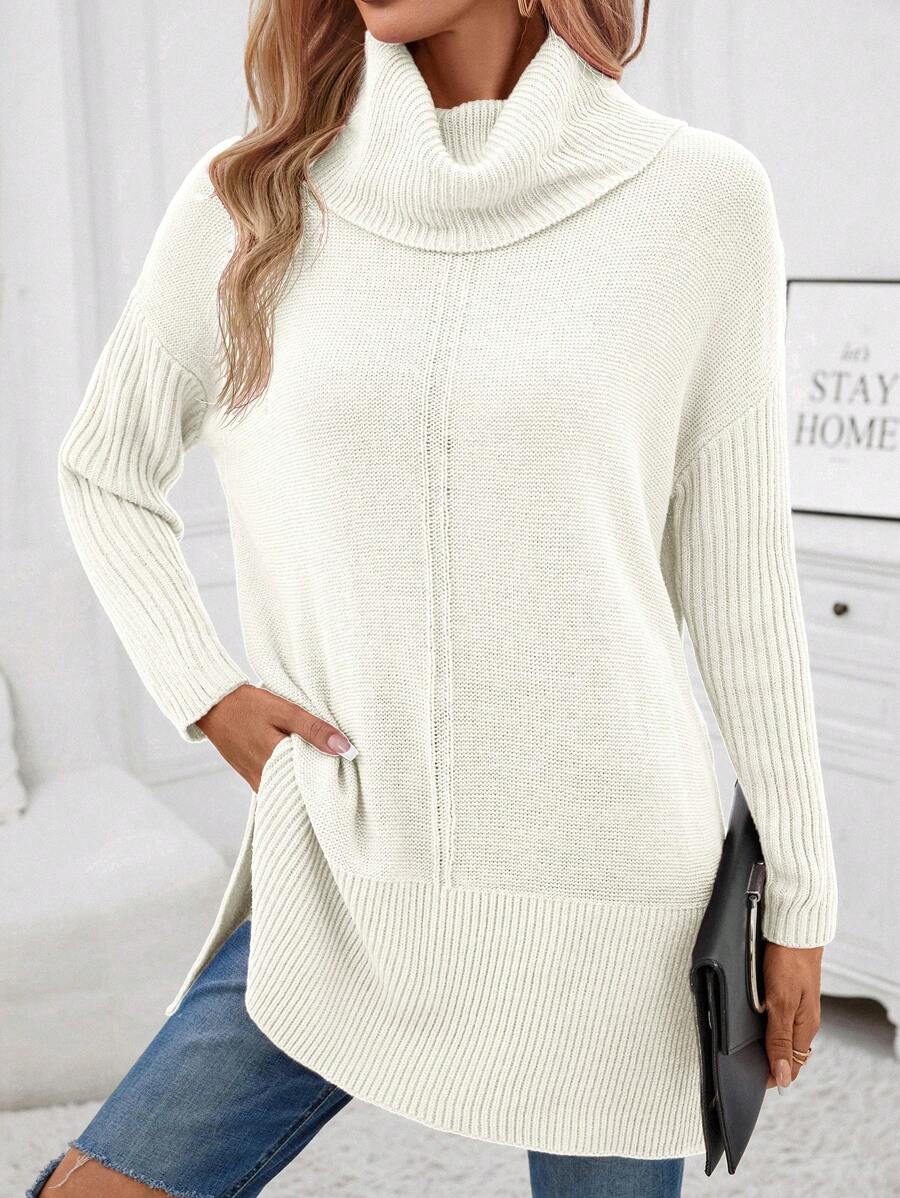 SHEIN Clasi 女款高領純色落肩開叉下擺毛衣 - 白色 - 查看 1