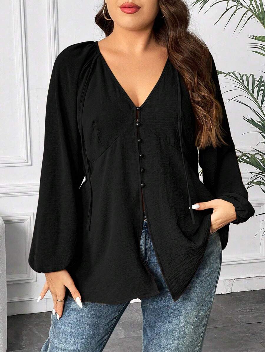SHEIN LUNE 加燈籠袖襯衫 - 黑色 - 查看 1