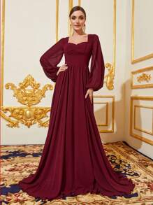 Sweetheart Neck Lantern Sleeve Chiffon Bridesmaid Dress - Burgundy - View 5