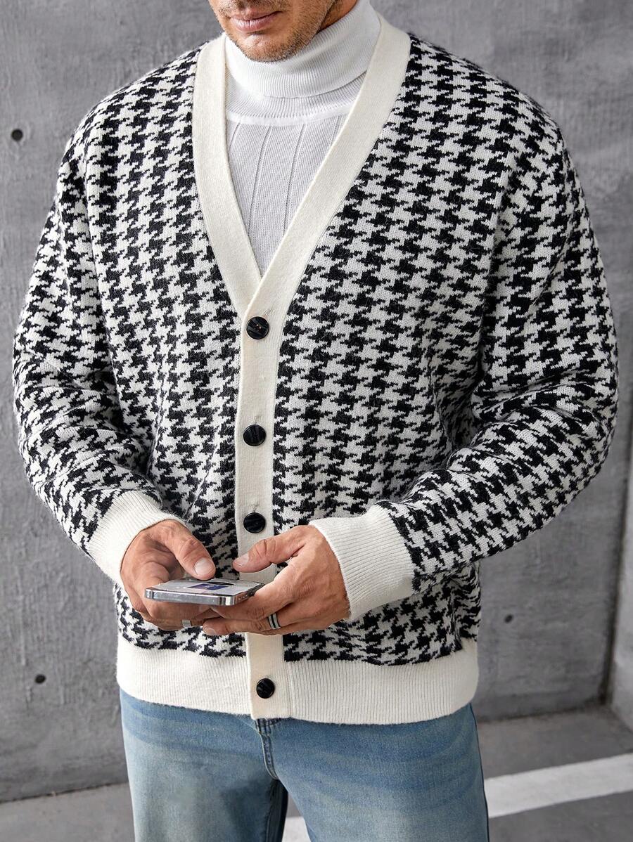 GENTILAND Hombres talla grande Cárdigan con patrón de hombros caídos - Blanco y Negro - Ver 1