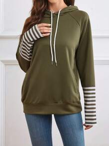 EMERY ROSE Striped Raglan Sleeve Drawstring Hoodie - Army Green - View 1
