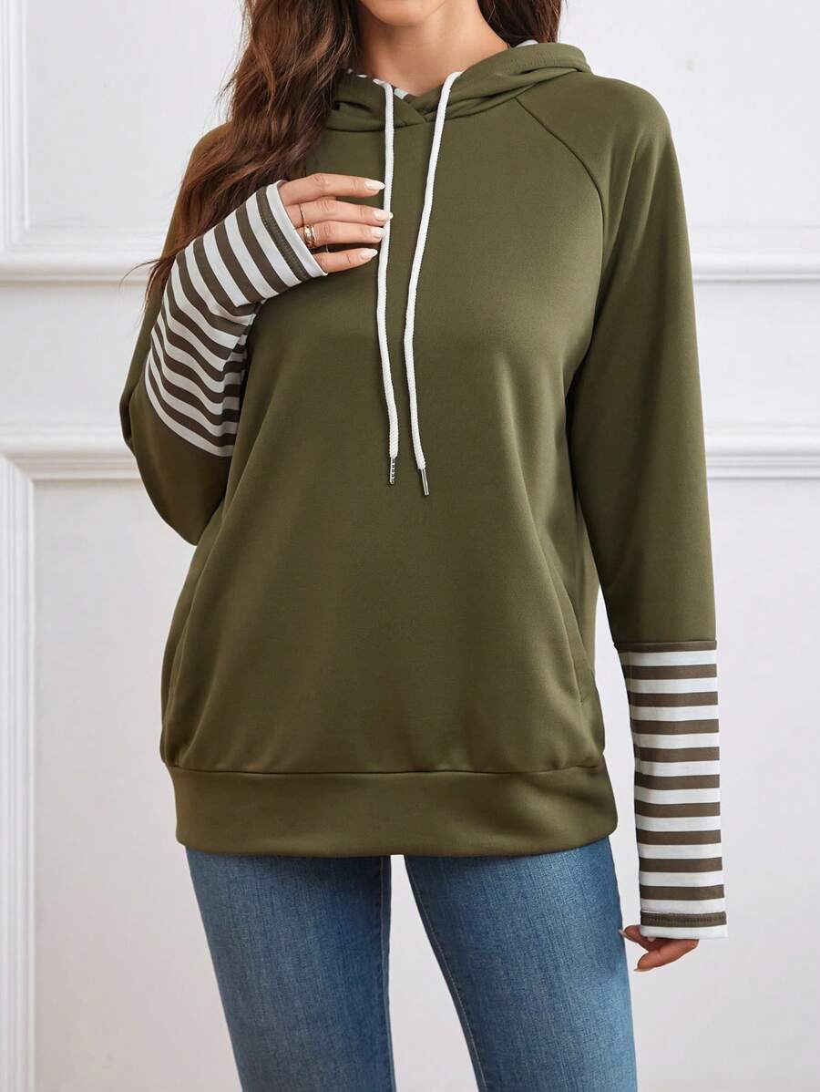 EMERY ROSE Striped Raglan Sleeve Drawstring Hoodie - Army Green - View 1